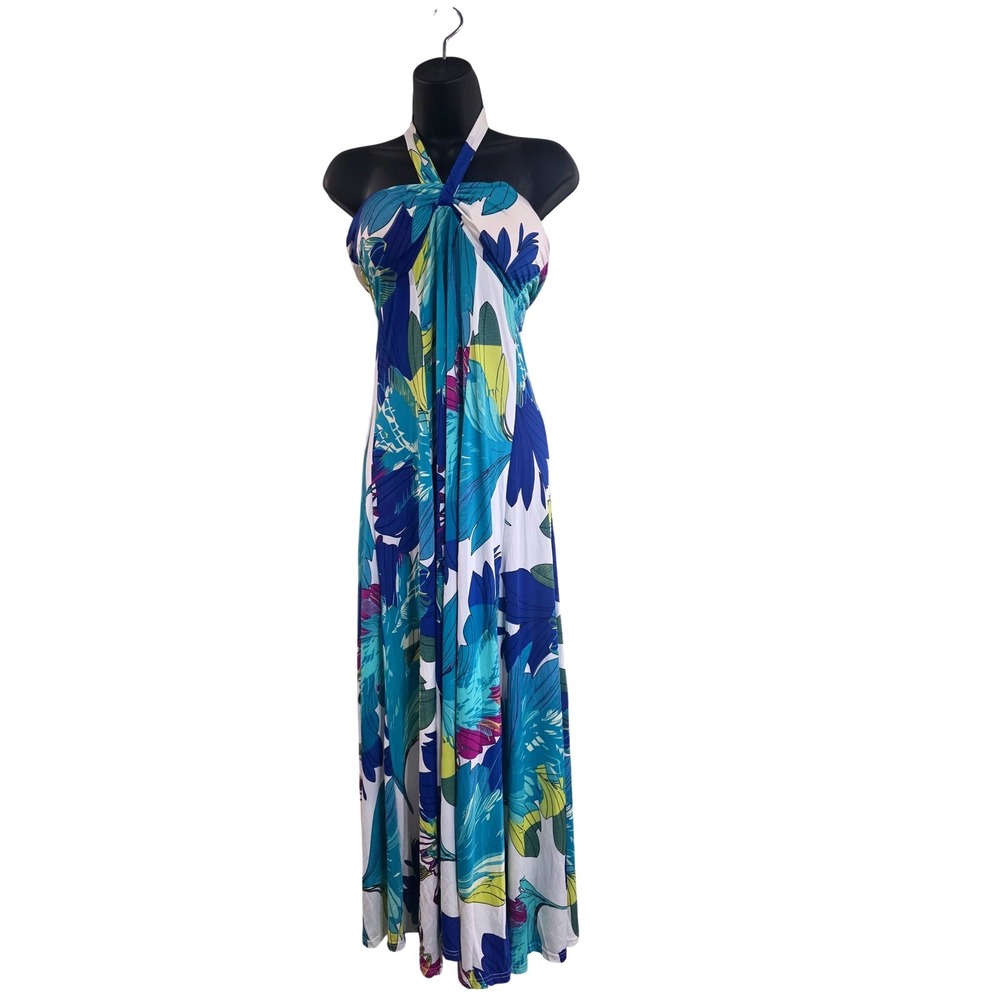 India Boutique Blue Tropical Floral Halter Maxi Dress Medium Boho Summer